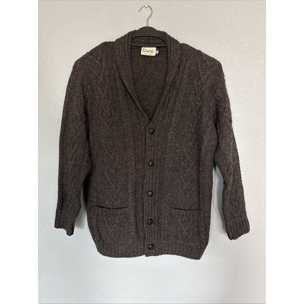 SAOL Aran 100% Merino Wool Irish Fisherman Men Sweater Cable Knit Shawl Pullover